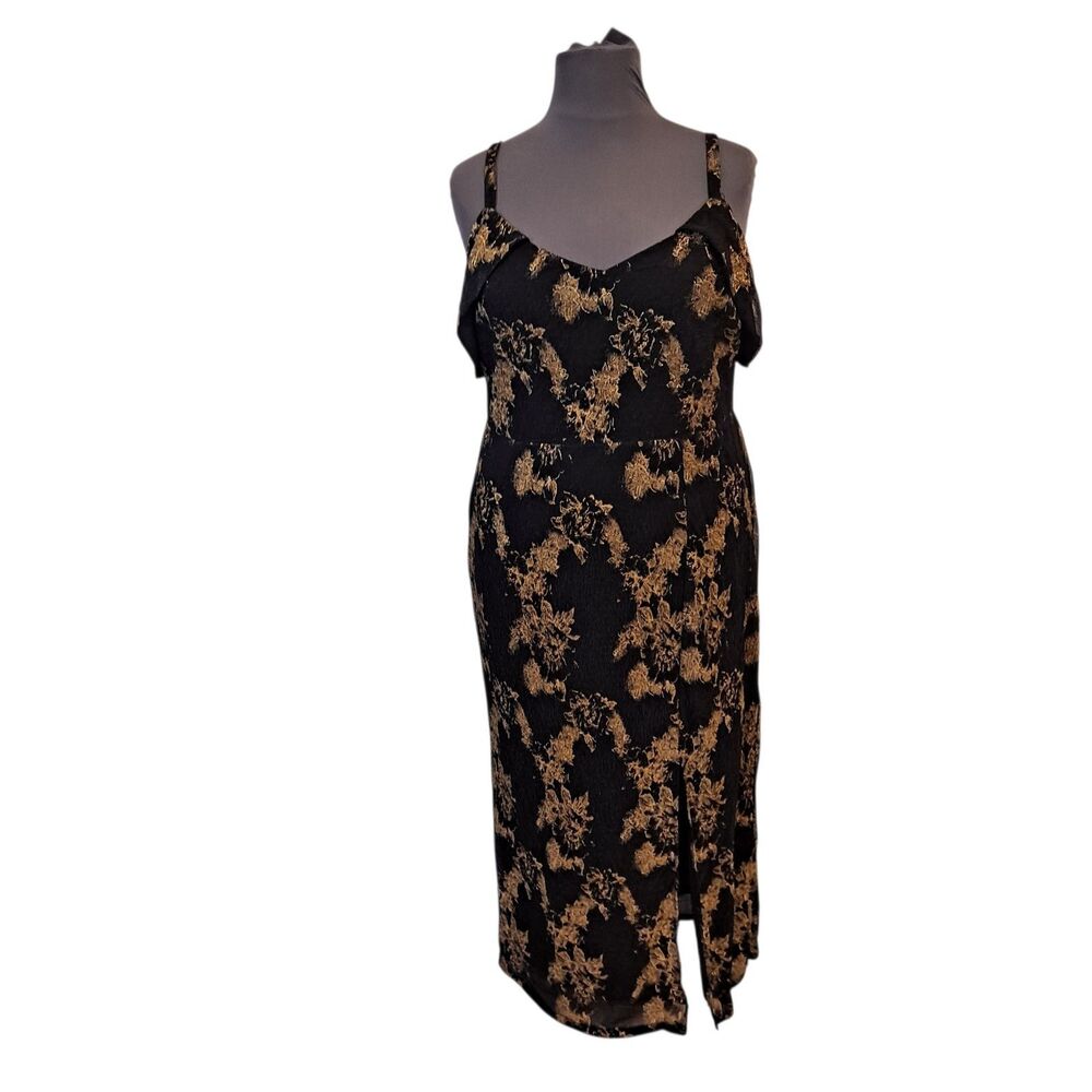 Cardalite Women's Maxi Dress Size 1X Black Gold Sheer Overlay Off Shoulder